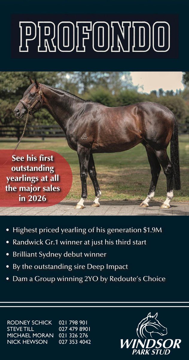 Outstanding credentials, magnificent specimen and stamping his progeny with his own good looks. PROFONDO’s first crop selling at all the major yearling sales.