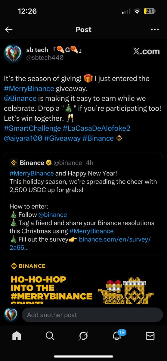 sbtech440's tweet photo. @binance It’s the season of giving! 🎁 I just entered the #MerryBinance giveaway.
@Binance is making it easy to earn while we celebrate. Drop a "🎄" if you’re participating too! Let’s win together. 🥂
#SmartChallenge #LaCasaDeAlofoke2 @aiyara100 #Giveaway #Binance https://t.co/NcMWlaTgjY