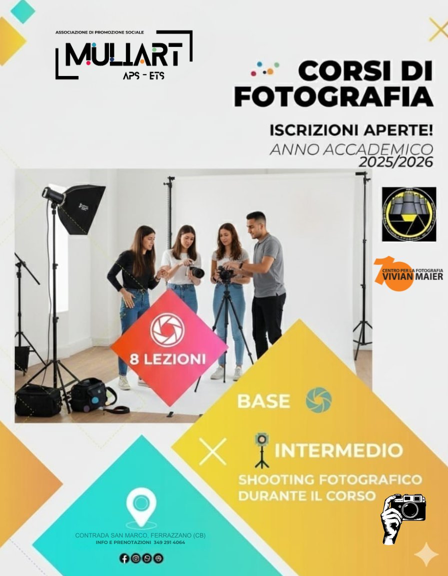 cfc_VivianMaier's tweet photo. Nuovo corso base organizzato da Muliart in collaborazione con il Centro per la Fotografia Campobasso "Vivian Maier "e l'Associazione Culturale Fotografica Sei Torri ''Sei Torri Tommaso Brasiliano" info: 349.2914064-392.2518132-349.1639761 cfcvivianmaier@gmail.com https://t.co/muZvzd5aiY