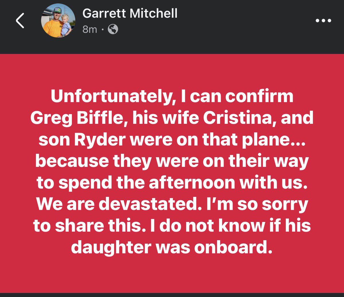 Garrett Mitchell confirms it was Greg Biffle and family involved in the plane crash at Statesville, NC airport. ☹️ 💔