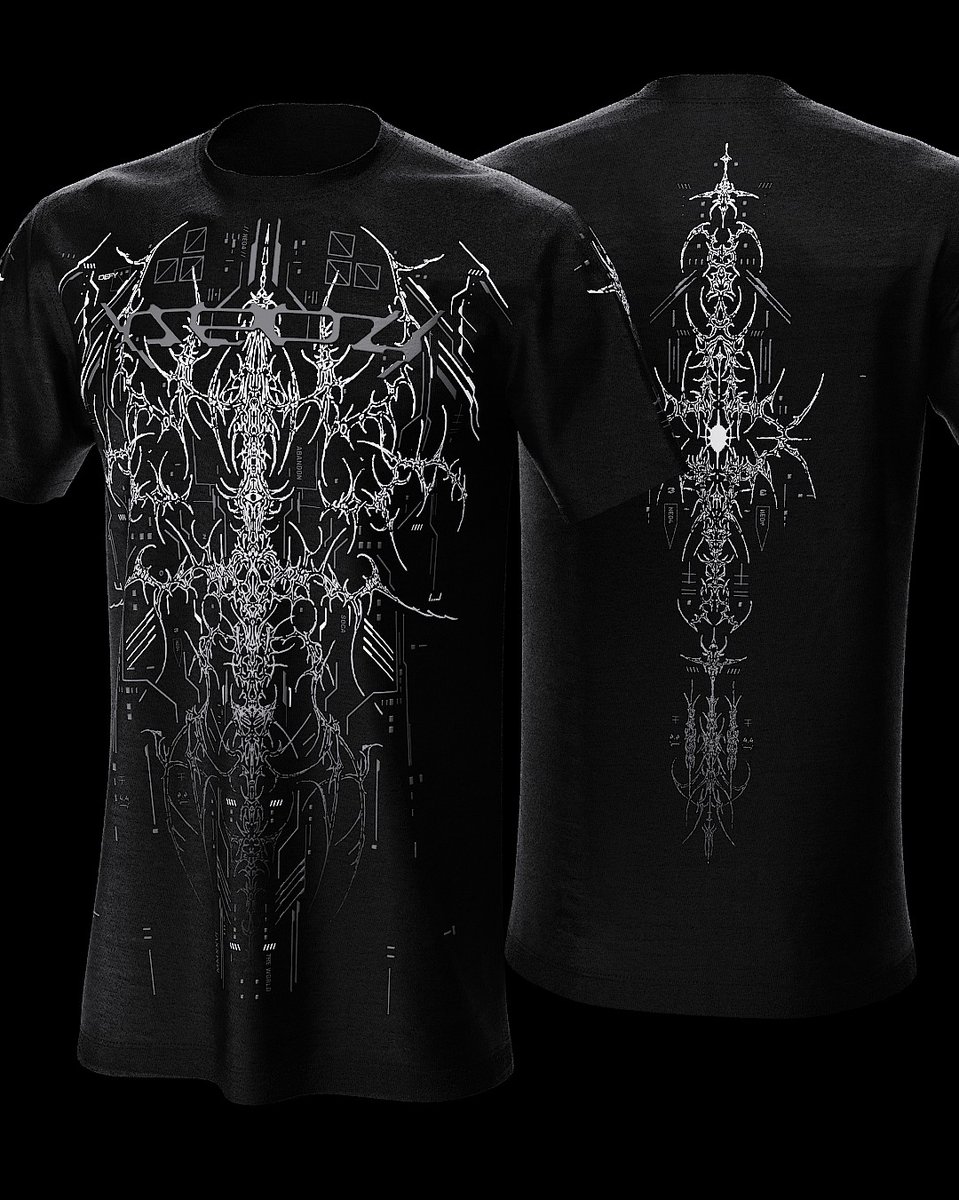 neo4ic's tweet image. We embedded organic hand-drawn sigil graphics that collide with hard edged cyber design, screen printed as a gradient that moves from white to our charcoal reflective ink. Our goal was to blend the ornate style with our hard edged UI elements. #neo4ic