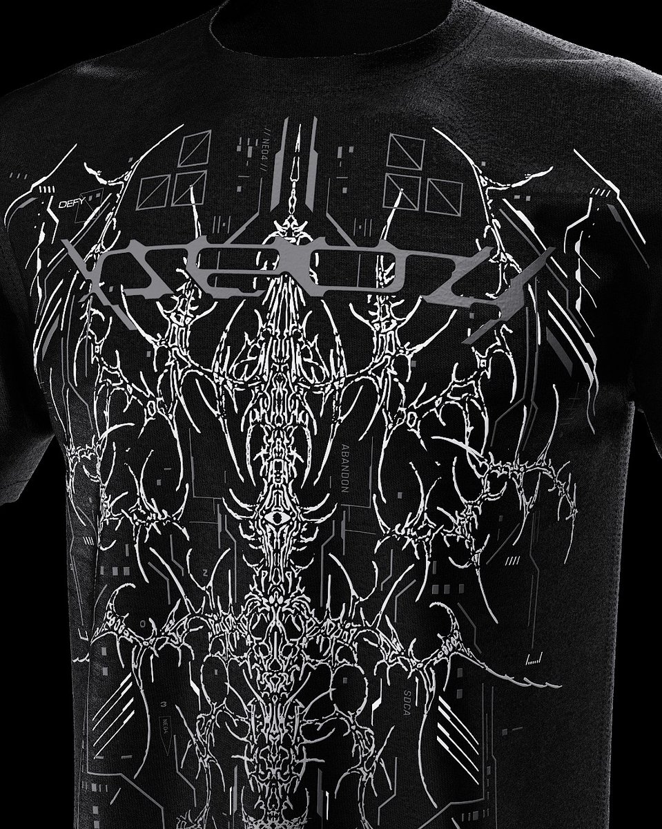 neo4ic's tweet image. We embedded organic hand-drawn sigil graphics that collide with hard edged cyber design, screen printed as a gradient that moves from white to our charcoal reflective ink. Our goal was to blend the ornate style with our hard edged UI elements. #neo4ic