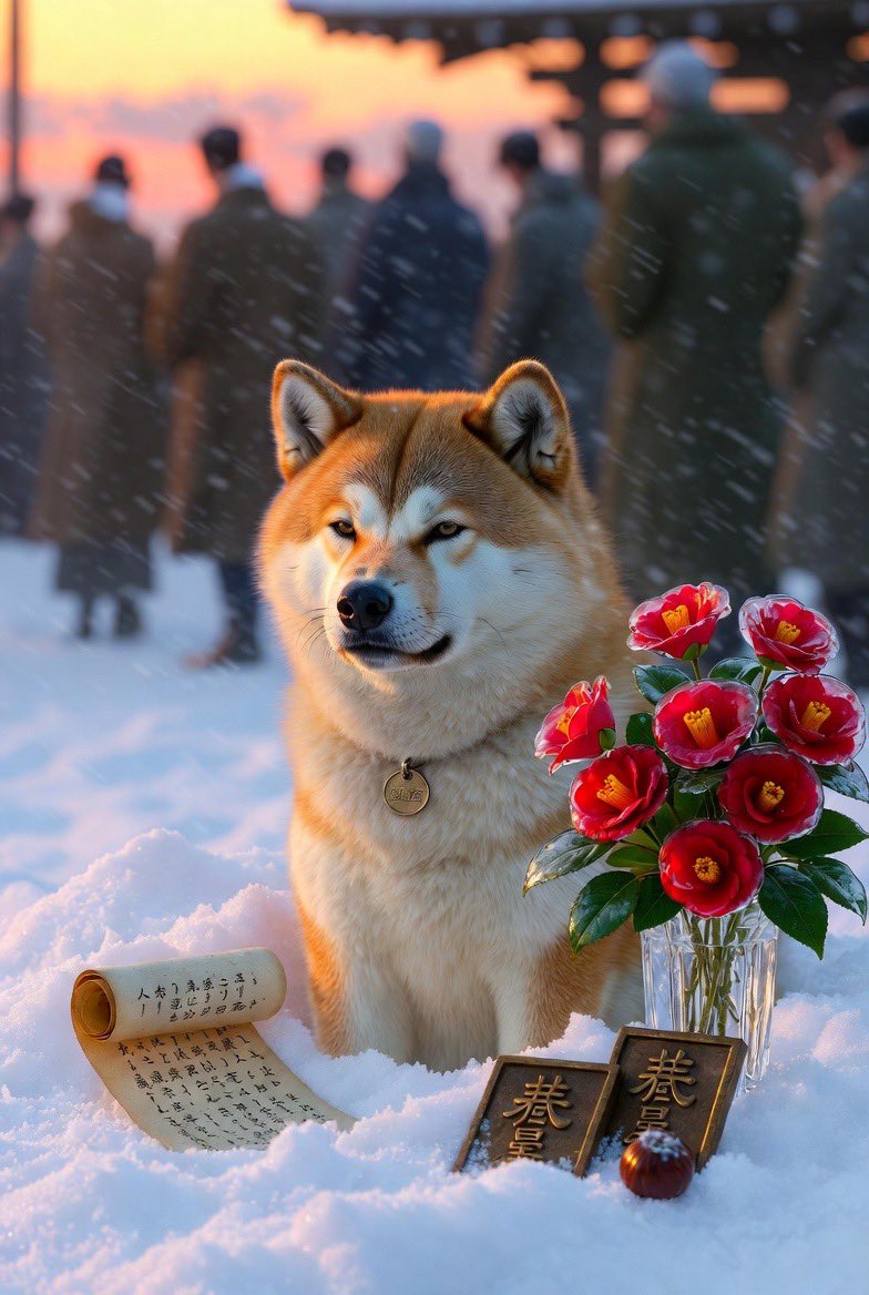 HachikoS0L's tweet photo. DAY 21 WAITING FOR MY MASTER

December 18, 2025

Twenty-first late afternoon.

Wind cuts sharply, carrying whispers of distant trains.

The train glides in.

Doors open. 

Empty still.

A poet wanders by today, recites ancient haikus of loyalty under his breath. 
Leaves a scroll of his own words “eternal wait in snow” and a warm chestnut, roasted sweet.

Twenty-one red camellias fan out from the vase, defiant blooms in ice. 

The child’s drawing flutters but holds.

Sun fades quietly. 

Scarves stir.

Twenty-one days. 

Legends grow, but the heart stays simple.

Hachiko persists.
