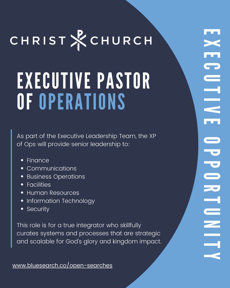 BlueSearchCo's tweet photo. 📢
Christ Church in Phoenix, Arizona, is prayerfully seeking an Executive Pastor of Operations to serve as the strategic leader of our central business functions. This senior leader will oversee the systems, processes, and infrastructure that undergird ministry across all congregations, ensuring that Christ Church operates with excellence, integrity, and alignment to our mission.

The Executive Pastor of Operations will provide organizational leadership in areas such as finance, facilities, human resources, communications, and technology—empowering ministry staff to focus on gospel effectiveness. This role is a unique opportunity for a strong integrator to join a high-capacity senior leadership team that is shaping the future of Christ Church while ensuring a strong foundation for long-term growth and gospel impact.

Your Core Competencies:
🔵 Acting as a “leader of leaders,” you will attract, develop, and empower high-capacity team members while cultivating a culture of stewardship, collaboration, and redeemed ambition.
🔵 With oversight of multiple departments, you ensure that Christ Church’s infrastructure is scalable, secure, and strategically aligned with ministry priorities.
🔵 As our Chief Financial Officer, you oversee banking and audit relationships with integrity.

🏜 Christ Church is rooted in the vibrant East Valley of the Phoenix metropolitan area with multiple congregations. Together, these neighboring communities form one of the fastest-growing and most desirable regions in Arizona, known for its family-friendly neighborhoods, excellent schools, and strong sense of community.

Find the full Leadership Profile see🔗 in Bio or head to https://t.co/pLOFjJegNU and see Open Searches.