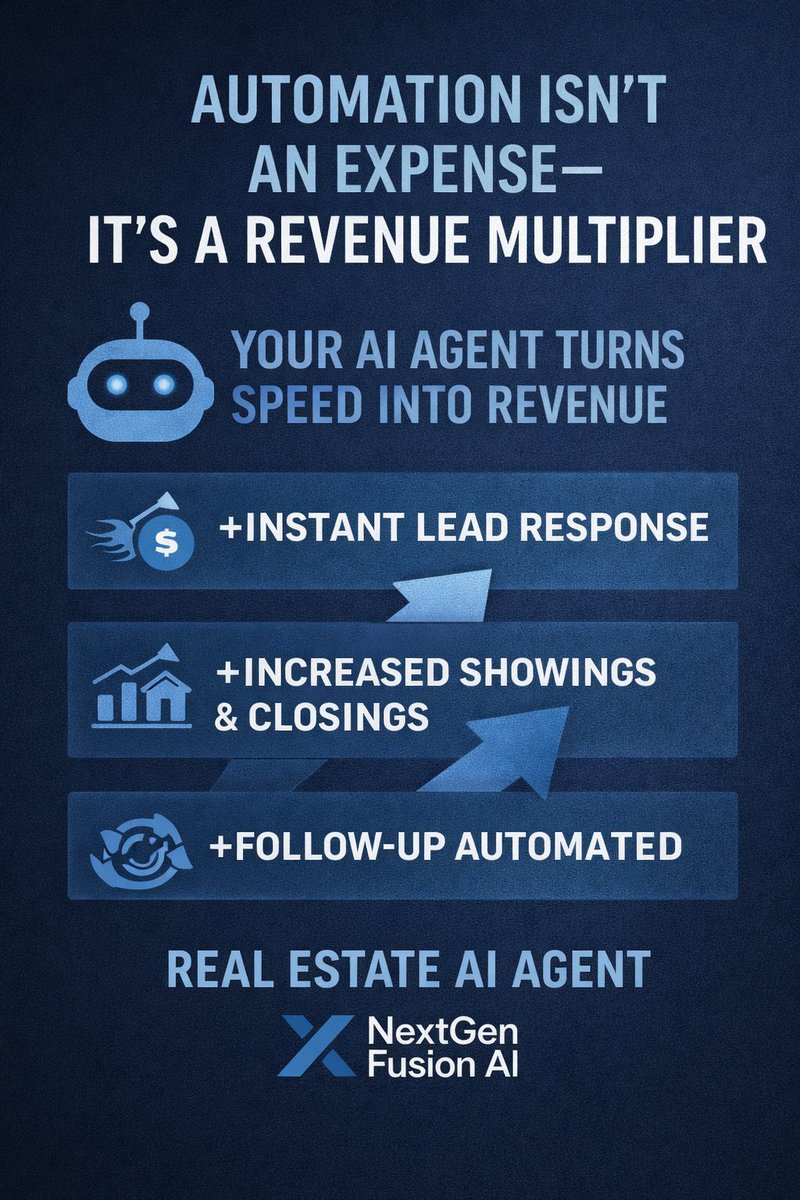 NextGenFusionAI's tweet photo. Automation isn’t an expense —
it’s a revenue multiplier.
Your AI agent turns speed into revenue:
Instant replies • More showings • Automated follow-ups

#RealEstateAI #AIAgent #PropTech #NextGenFusionAI #RealtorLife #AutomationTools #RevenueGrowth https://t.co/qHiR9idMs3