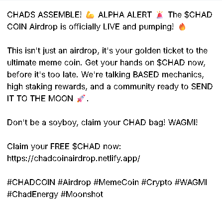 alienvizitor77's tweet photo. Claim your FREE $CHAD now: https://t.co/8cK9YhDlOH 
 #CHADCOIN #Airdrop #MemeCoin #Crypto #WAGMI #ChadEnergy #Moonshot https://t.co/5izn4AhubS