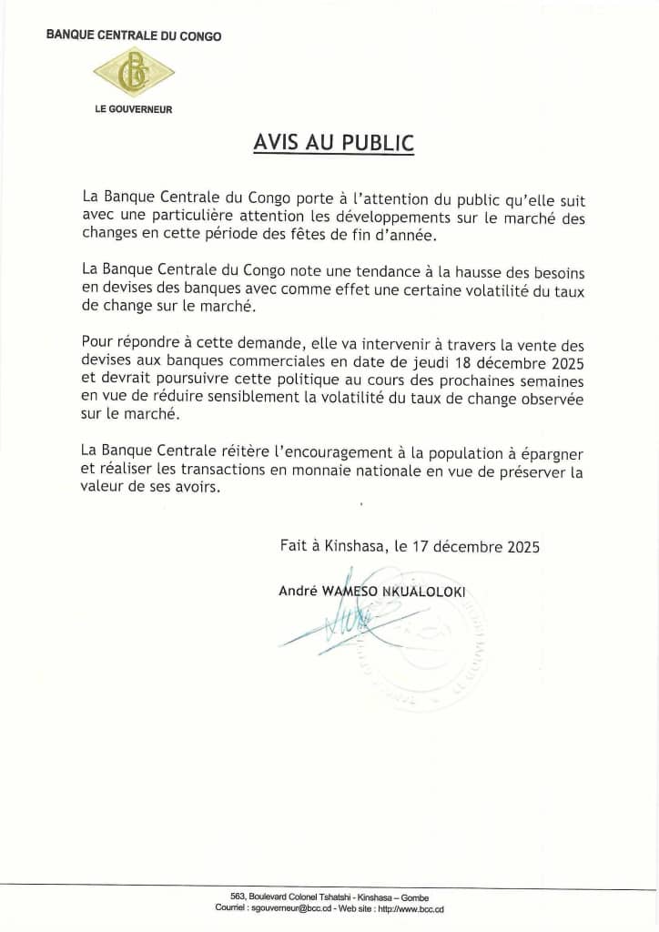 #RDC : La Banque Centrale du Congo a annoncé son intervention sur le marché des changes dès ce jeudi 18 décembre pour stabiliser le taux. Elle promet de continuer la vente des devises aux banques commerciales face à la forte demande. Elle encourage l’usage du franc congolais.
