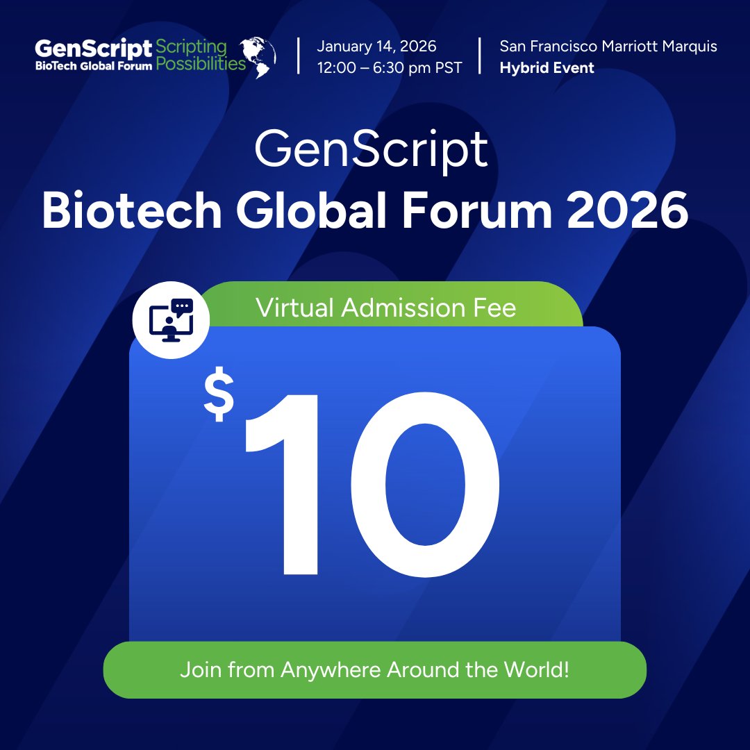GenScript's tweet image. Join global biotech leaders at #Genscript Biotech Global Forum 2026 virtually! Participate in high-impact conversations with scientists and industry pioneers from anywhere. Secure your spot: …-global-biotech-forum.cventevents.com/qWVK4y?rt=mNTw…