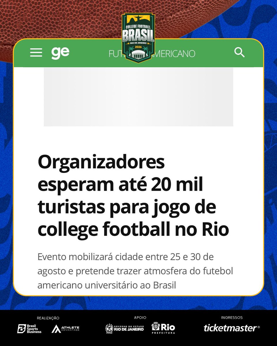 CFootballBrasil's tweet photo. A mídia já entendeu:
o College Football Brasil é um marco histórico para o esporte no país.

Rio de Janeiro.
Universidades tradicionais.
Um evento que vai além do jogo.

E isso é só o começo. 🏈🇧🇷

#CollegeFootballBrasil #CFBInBrazil #RioDeJaneiro https://t.co/CTP8Bo1FwA