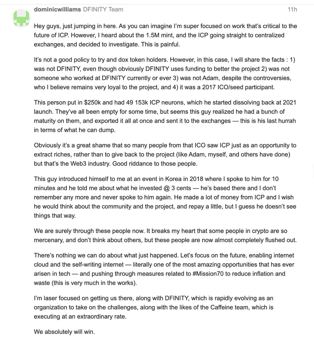 ICPSquad's tweet image. Dominic just addressed the recent concerns around 1.5M ICP minted and sent to centralized exchanges.

Key points:
It was not DFINITY
Not a current or former DFINITY employee
Not Adam
It was a 2017 ICO/seed participant who had been dissolving neurons since launch and recently