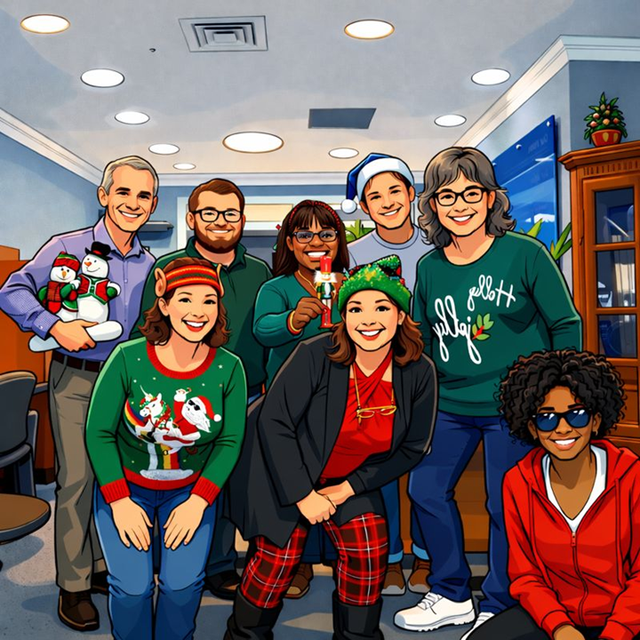 ExpressIndyE's tweet photo. We enjoyed a holiday party with lunch from George's, Christmas ambience on YouTube, fun games and good cheer. I love this group so much! We chose to commemorate the occasion with an AI version of our group picture 😜 https://t.co/2teXocyzZH