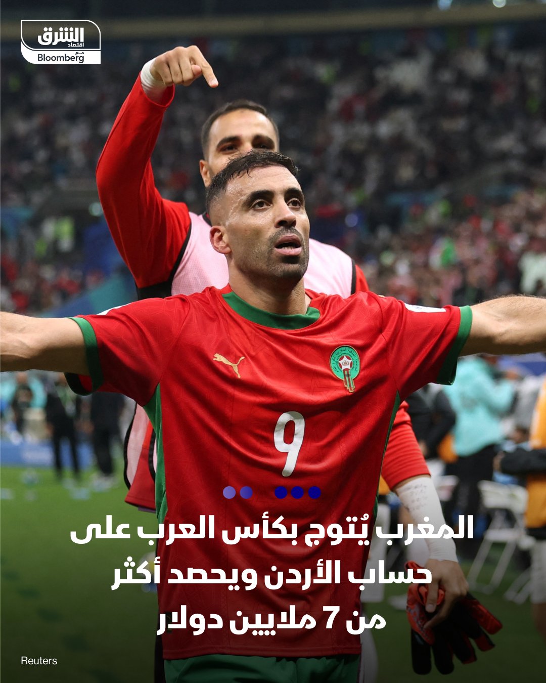 منتخب المغرب توج بكأس العرب بعد فوزه على منتخب الأردن بثلاثة أهداف مقابل هدفين، في المباراة التي أقيمت بملعب لوسيل بقطر. - سيحصل المنتخب المغربي على 7.15 مليون دولار الجائزة المالية للبطل - منتخب الأردن الوصيف سيحصل على 4.3 مليون دولار 
