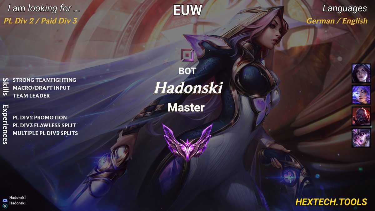 Hadonski's tweet image. I'm still in talks with ACE after successfully promoting to div2 in winners bracket. Despite that I'm LFT ADC to explore my options. Very happy about my personal development over the last two splits and ready to give it my best in div2.
References on request