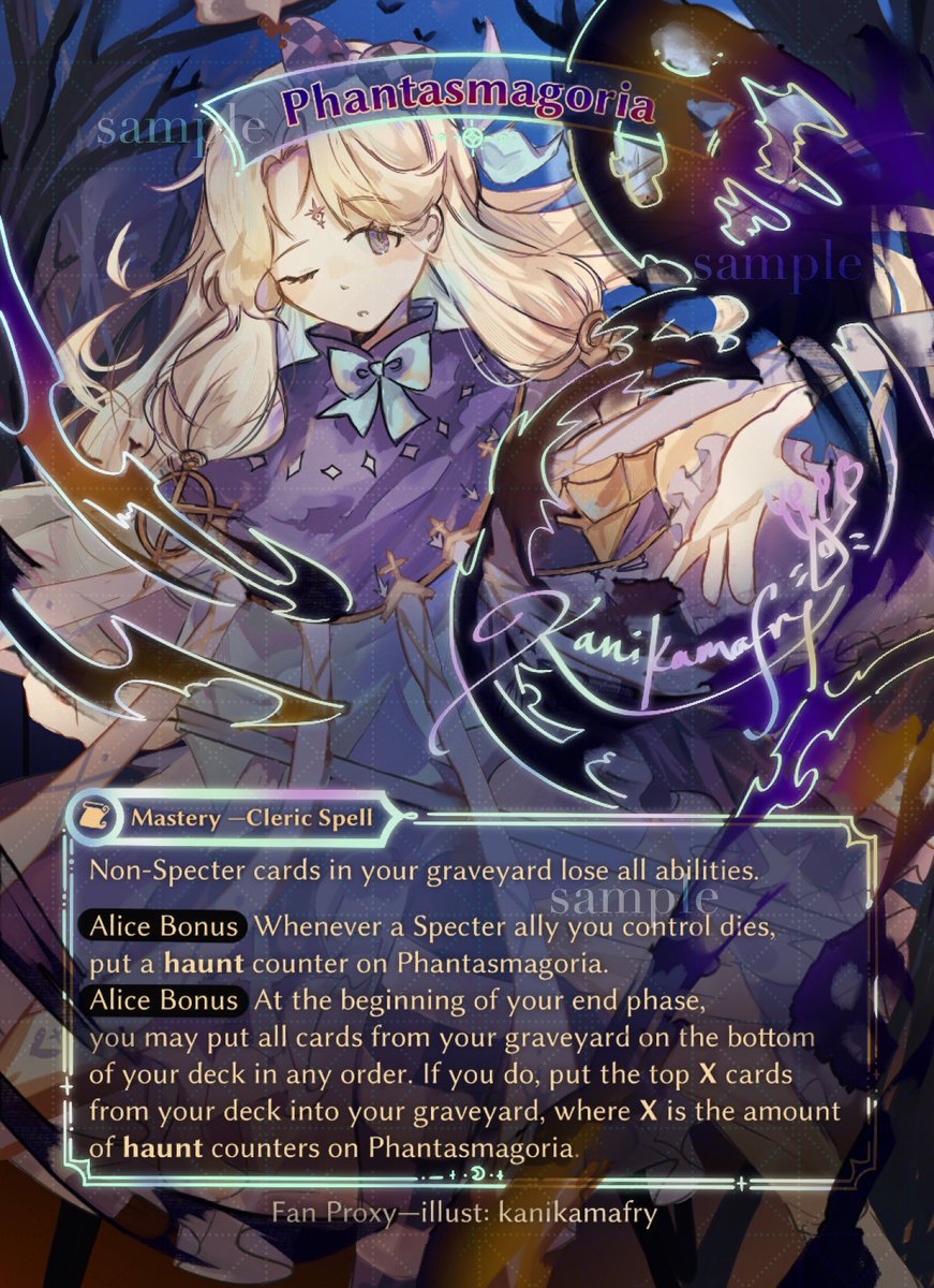 【Fan Proxy Incoming!】
👻Phantasmagoria👻

Finished my fan proxy for Alice’s mastery! Aiming to have the physical proxy card available at the next NorCal regionals

Hope you like it! Working on Merlin’s Fractured Memories next!

#grandarchive #gatcg