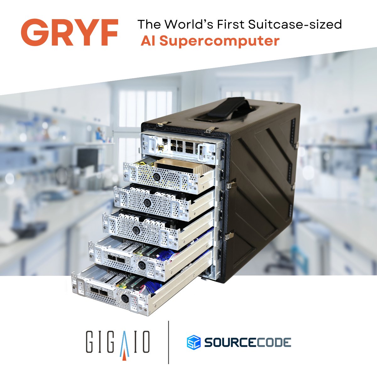 giga_io's tweet image. Meet Gryf, the world’s first suitcase-sized AI supercomputer, bringing datacenter-class compute power wherever you need it. Gryf is designed for research labs, remote locations, and anywhere AI needs to happen at the edge. #WhatsYourEdge bit.ly/4a2Skb2