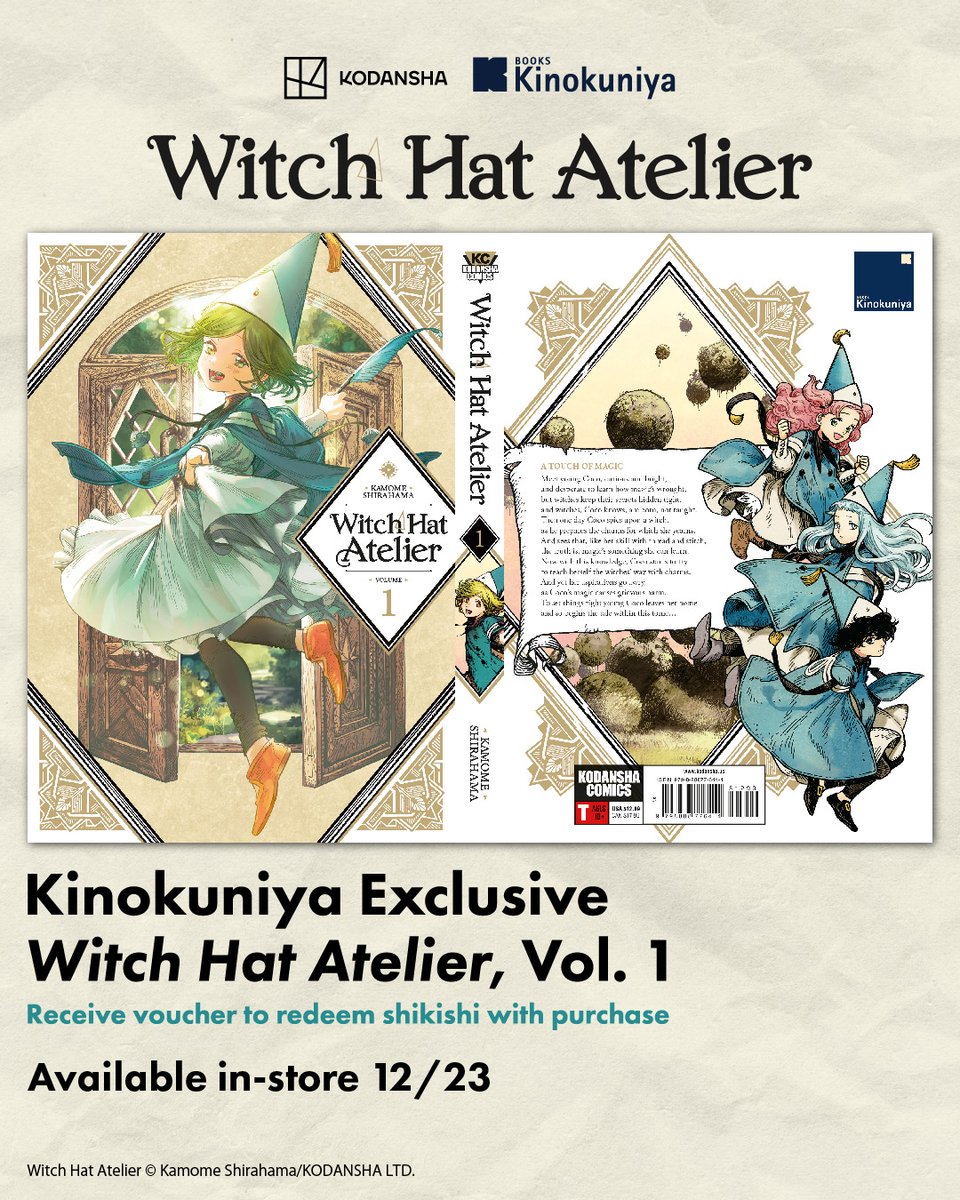 Kinokuniya exclusive Witch Hat Atelier, Vol. 1 reveal! 🧙‍♀️✨ <a href="/KodanshaManga/">Kodansha USA</a>

Featuring a variant front cover of Coco, and of the other apprentices for the back cover, our exclusive edition releases next Tuesday, 12/23, at Kinokuniya stores!

🎁 Fans will also receive a voucher to