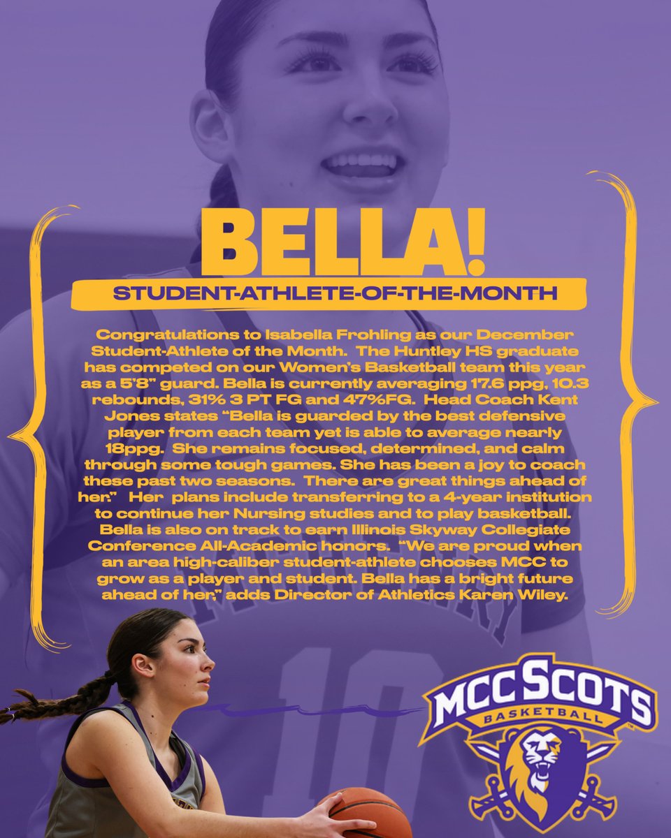 MCCScots's tweet photo. 📣Congratulations to Isabella Frohling, our 
December Student-Athlete of the Month🤩. 
An honor you truly deserve☃️ 
You are #ScotPride https://t.co/OY9n9osj5v