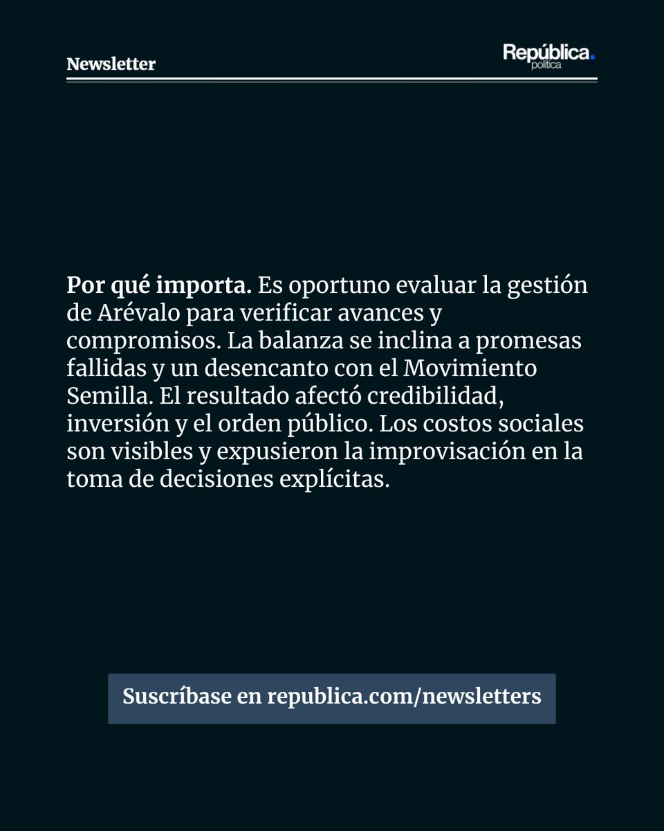 republicagt's tweet photo. El segundo año de Bernardo Arévalo estuvo marcado por 5 crisis acumuladas, promesas incumplidas (cero infraestructura), debilidad ante sindicatos y serios riesgos en seguridad y transparencia (fugas y corrupción). La inejecución estatal expone una brecha entre el discurso de cambio y la capacidad real del gobierno. 

➡️ Lea más en: https://t.co/ZLLkxV8qaO
