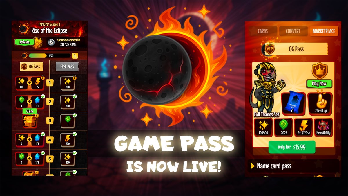 taptopia_io's tweet photo. GAME PASS IS LIVE!

Faster progression. Huge rewards. This is the biggest upgrade TapTopia has seen so far.

Jump in now and start progressing! https://t.co/y9GyMpw6My