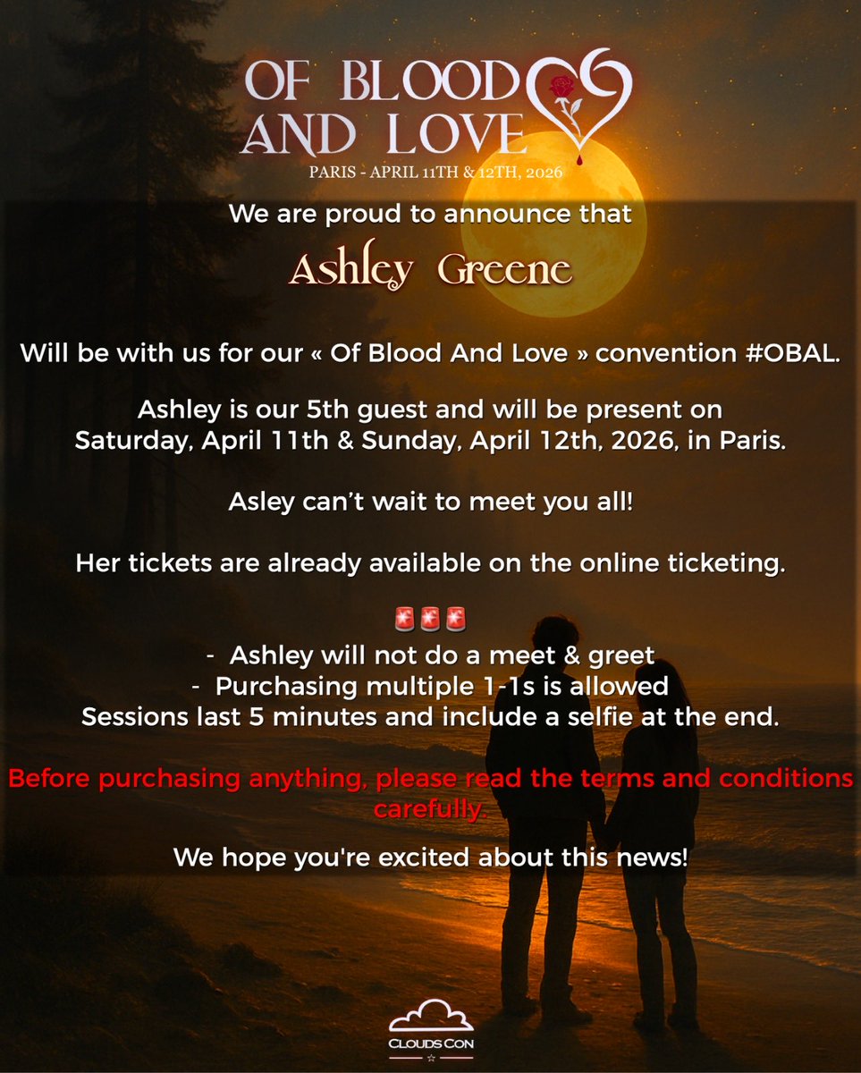 CloudsCon's tweet photo. #OBAL #OfBloodAndLove 🌹
Nous sommes très heureux de vous annoncer la venue de ASHLEY GREENE pour la OF BLOOD AND LOVE à Paris ! 🌹
🗓️ 11-12 Avril 2026
📍Paris, FRANCE 🇫🇷
-------
We are so thrilled to announce that ASHLEY GREENE is our 5th guest for our #OfBloodAndLove convention next April in Paris 🌹
🗓️ April 11th-12th, 2026
📍 Paris, FRANCE 🇫🇷
🎟️ https://t.co/3zYyHzsn0G
#Twilight #Alice