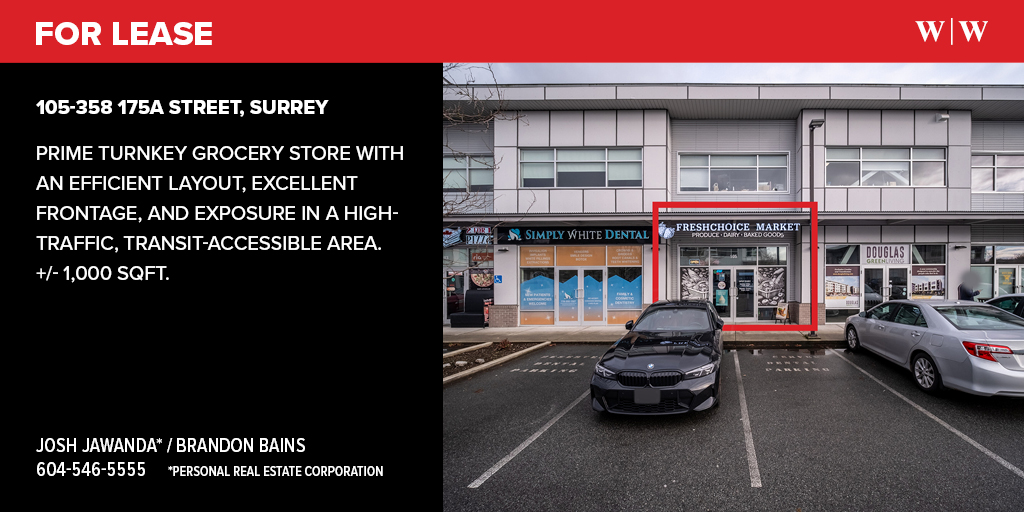 For Lease: 105-358 175A St, Surrey | Prime turnkey grocery store offering an efficient layout with excellent frontage, 2 parking stalls, &amp; exposure in the Pacific Douglas neighbourhood. Agents: Josh Jawanda PREC, Brandon Bains. 🔗 williamwright.ca/properties/358…
#WilliamWrightCommercial