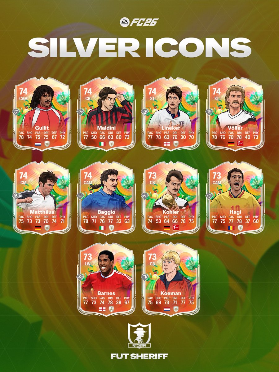 FutSheriff's tweet image. 🚨NEW SILVER ICONS COMING SOON 🔥🔥🔥🔥

• 🇳🇱 GULLIT
• 🇮🇹 MALDINI
• 🇳🇱 Koeman
• 🇩🇪 MATTHAUS
• 🇷🇴 Hagi
• 🇮🇹 Baggio
• 🏴󠁧󠁢󠁥󠁮󠁧󠁿 Lineker
• 🏴󠁧󠁢󠁥󠁮󠁧󠁿 Barnes
• 🇩🇪 Kohler

Thoughts? 💭 👀👇🏻

Follow @FutSheriff #FC26