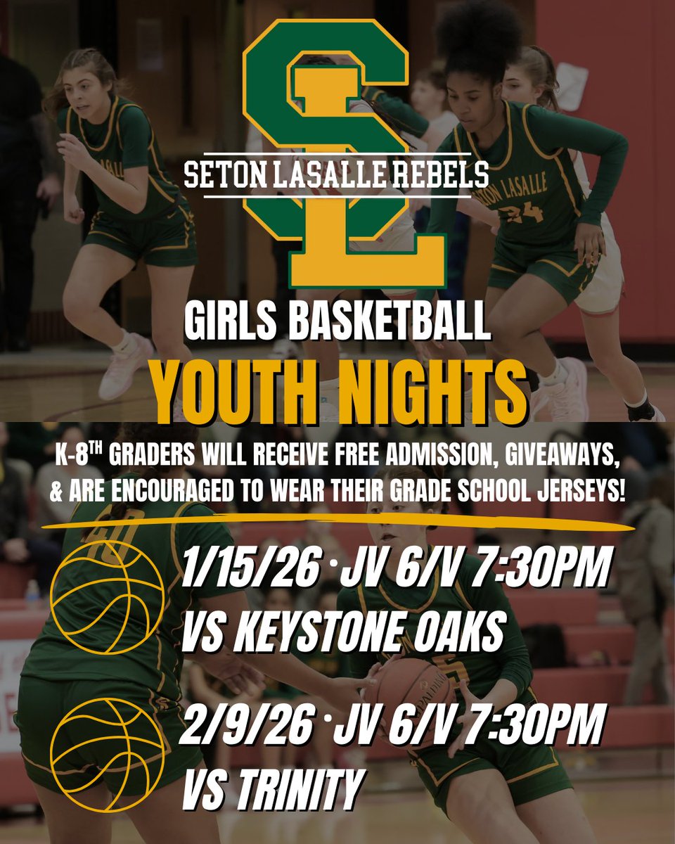 Join us for our girls and boys basketball youth nights! Students in grades K-8 will receive free admission and are encouraged to wear their team jerseys.