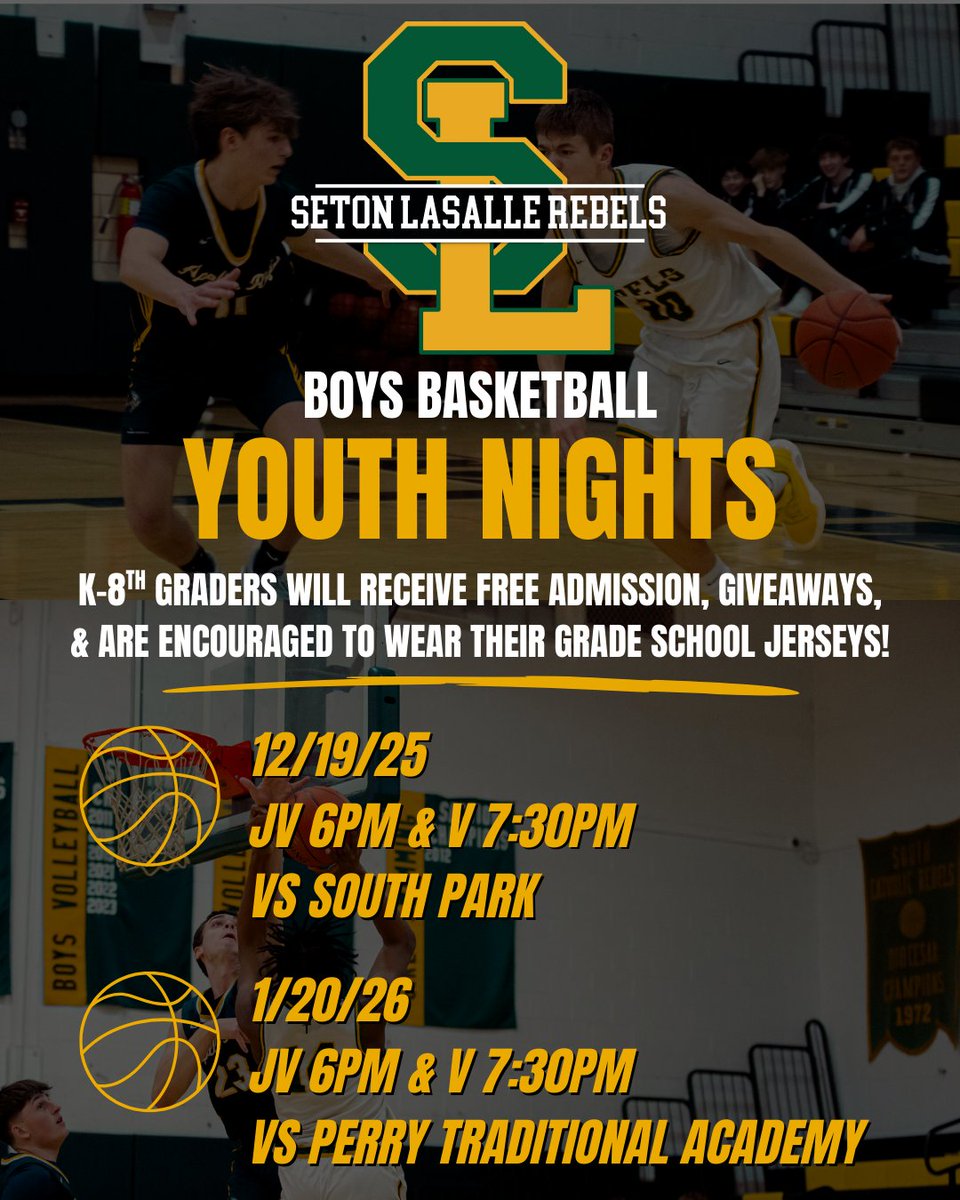 SetonLaSalle's tweet photo. Join us for our girls and boys basketball youth nights! Students in grades K-8 will receive free admission and are encouraged to wear their team jerseys. https://t.co/1iuNqTCyBj