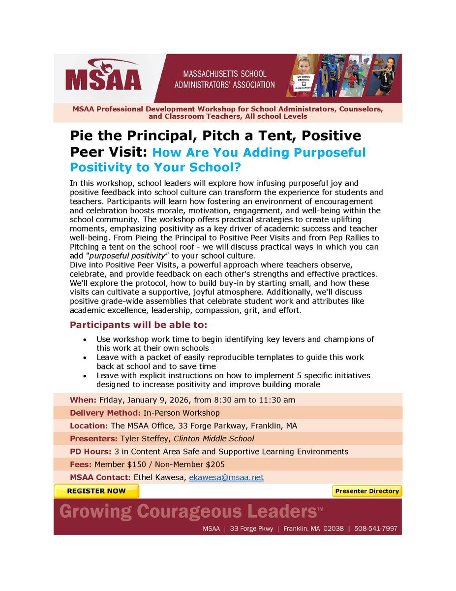 Boost school morale! 🎉 Join our workshop: Pie the Principal, Pitch a Tent, Positive Peer Visit! Learn how positivity transforms well-being, engagement, and success. tinyurl.com/yd582v77  <a href="/MASchoolsK12/">Massachusetts K-12</a>  <a href="/officialsSPS/">Steve Giles</a>   <a href="/Worcesterpublic/">Worcester Public Schools</a>