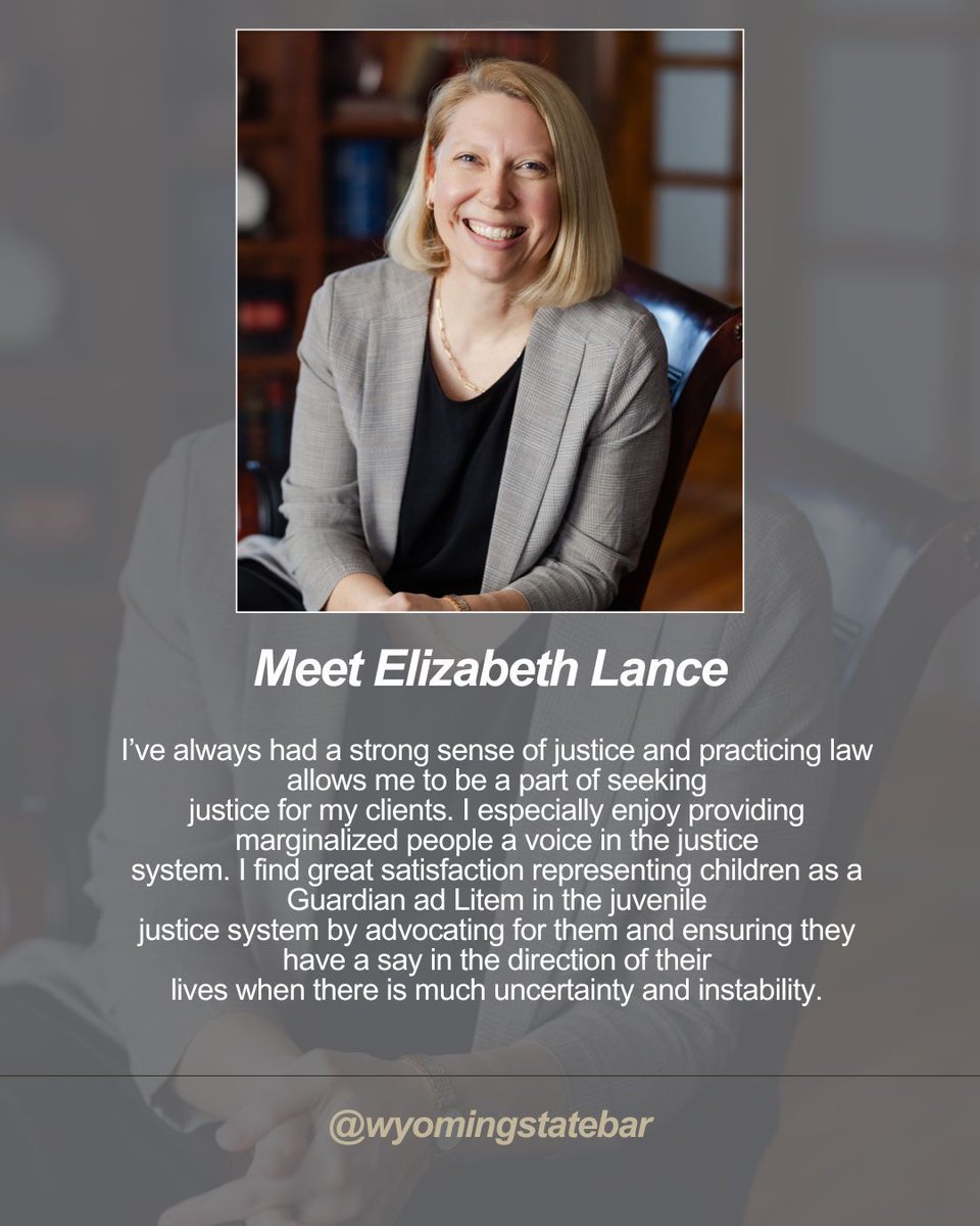 ⚖️ Part of our Why I Practice Law series, highlighting the people and principles behind the profession.
Elizabeth Lance practices law to be a voice for those who often go unheard.

The content of this site is not an endorsement by the WYSB of the views expressed herein.