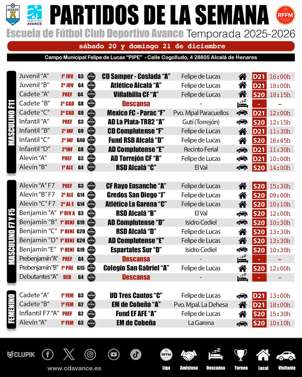 cdavance's tweet image. PARTIDOS DE LA SEMANA
⚽️⚽️⚽️
📅 20 y 21 de diciembre
@RFFM_oficial
#somosdelavance