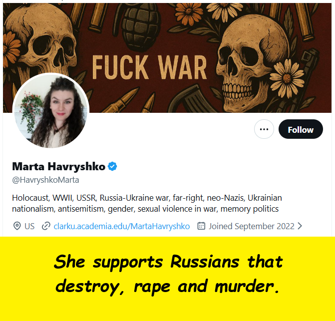 Oh, now I see: her profile mentions the things she loves!

x.com/HavryshkoMarta