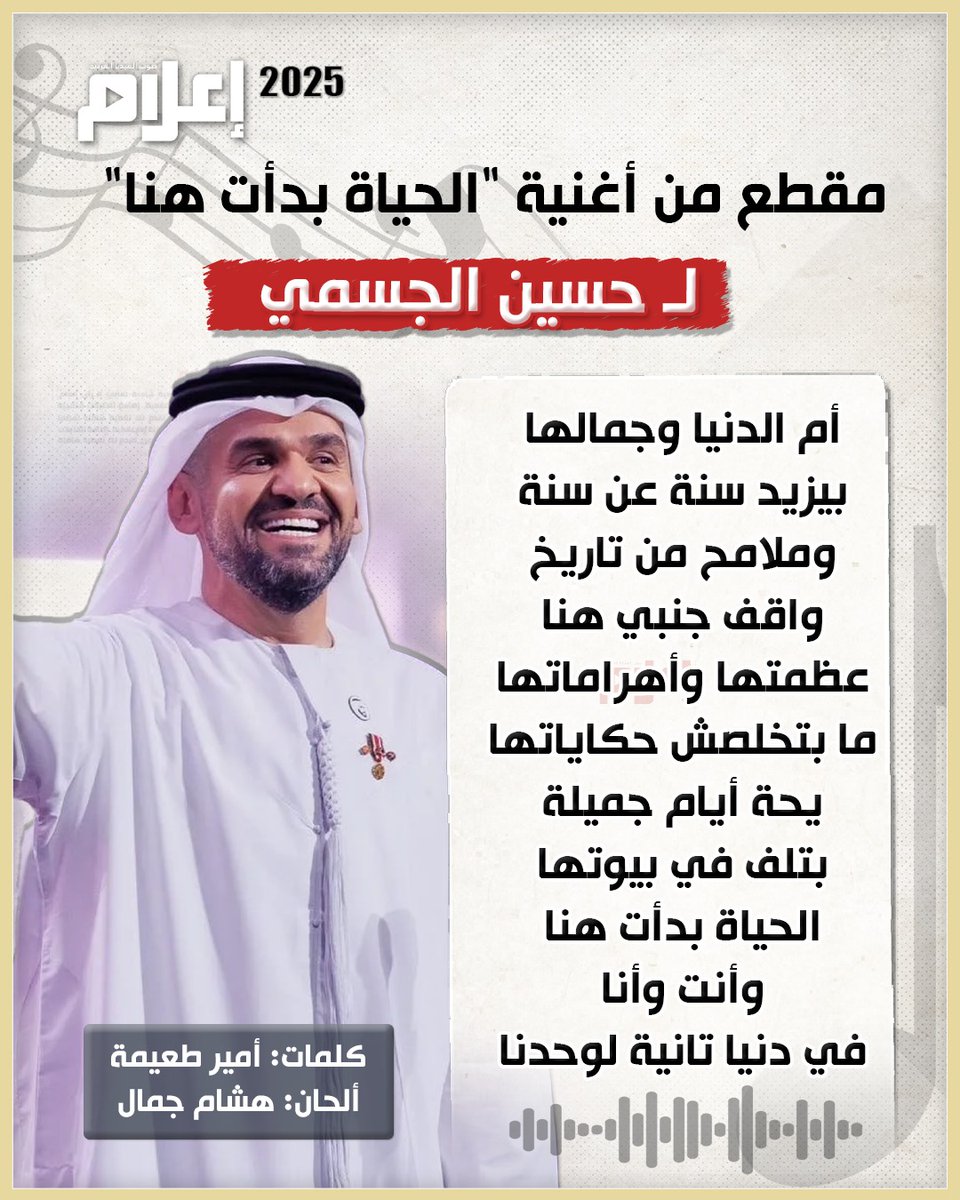 مقطع من كلمات أغنية "الحياة بدأت هنا" لـ حسين الجسمي

للاستماع للأغنية| e3lam.com/708163/