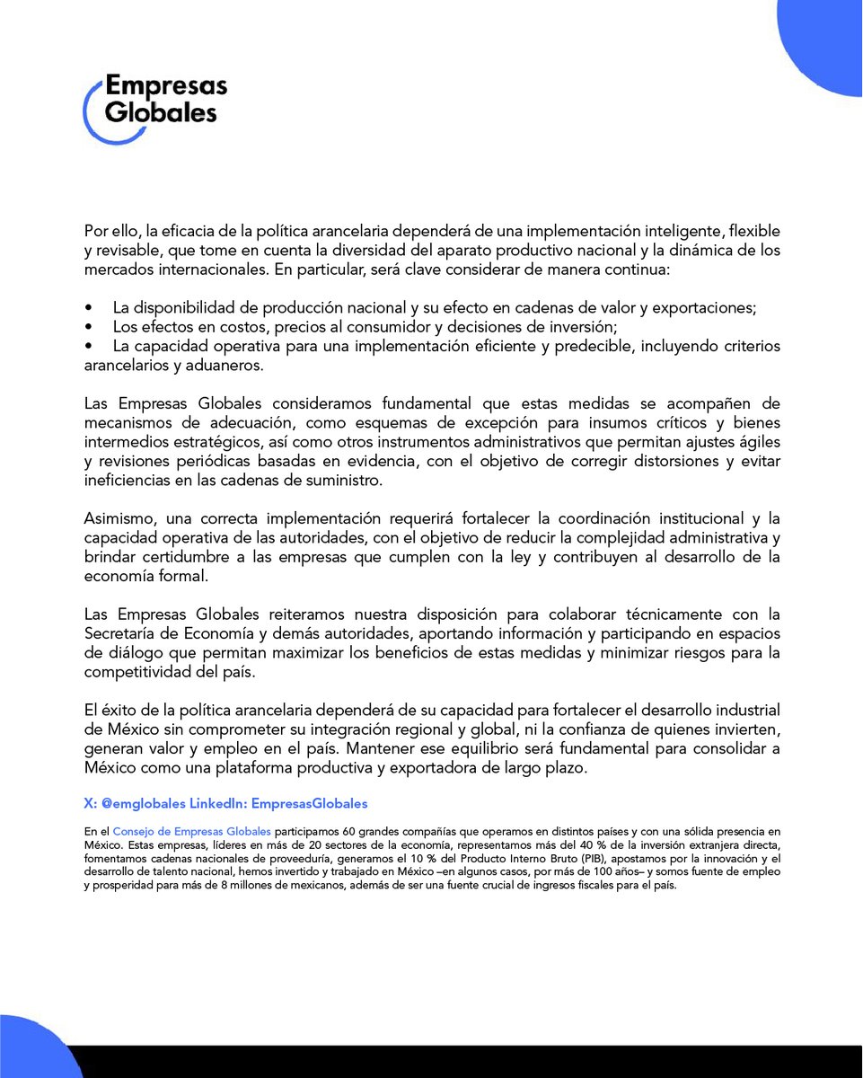 #Comunicado | Las Empresas Globales respaldamos los objetivos de la reforma a la LIGIE para combatir prácticas desleales y fortalecer la competitividad de la industria nacional.

Subrayamos la importancia de una implementación flexible que considere la disponibilidad de insumos y