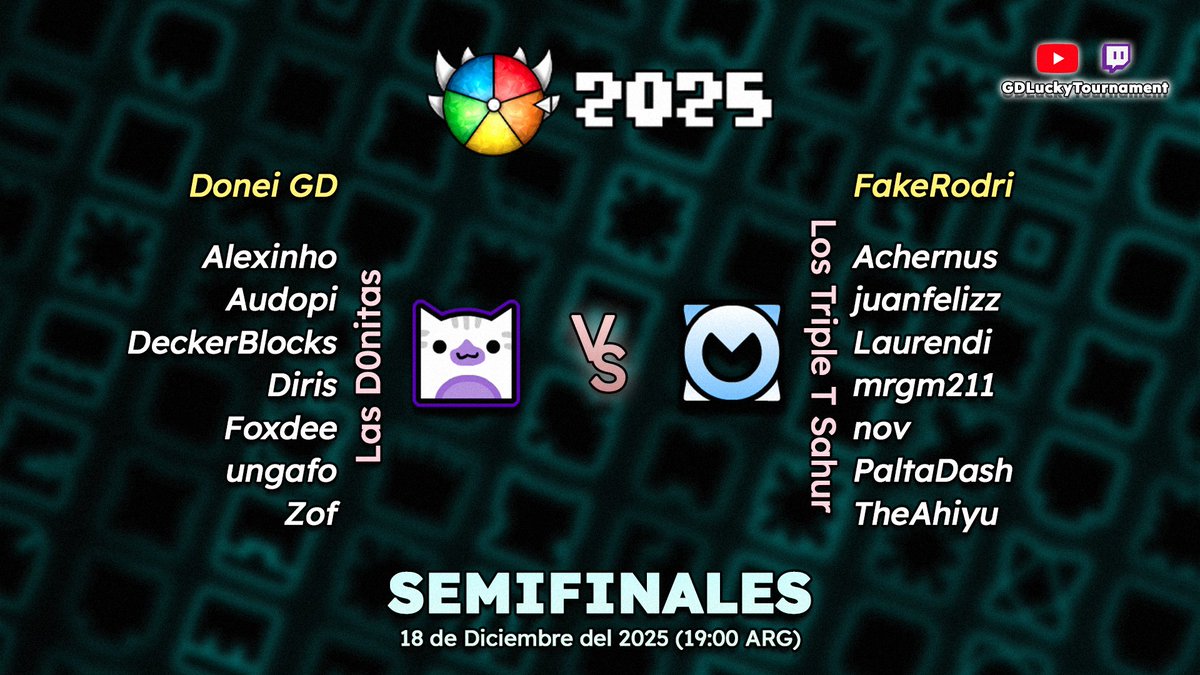 El día de hoy tenemos la última Semifinal del GD Lucky Tournament 2025 🔥
Esta será entre Las D0nitas (Donei) vs Los Triple T Sahur (FakeRodri) 👀
Nos vemos en 4 horas 0_o