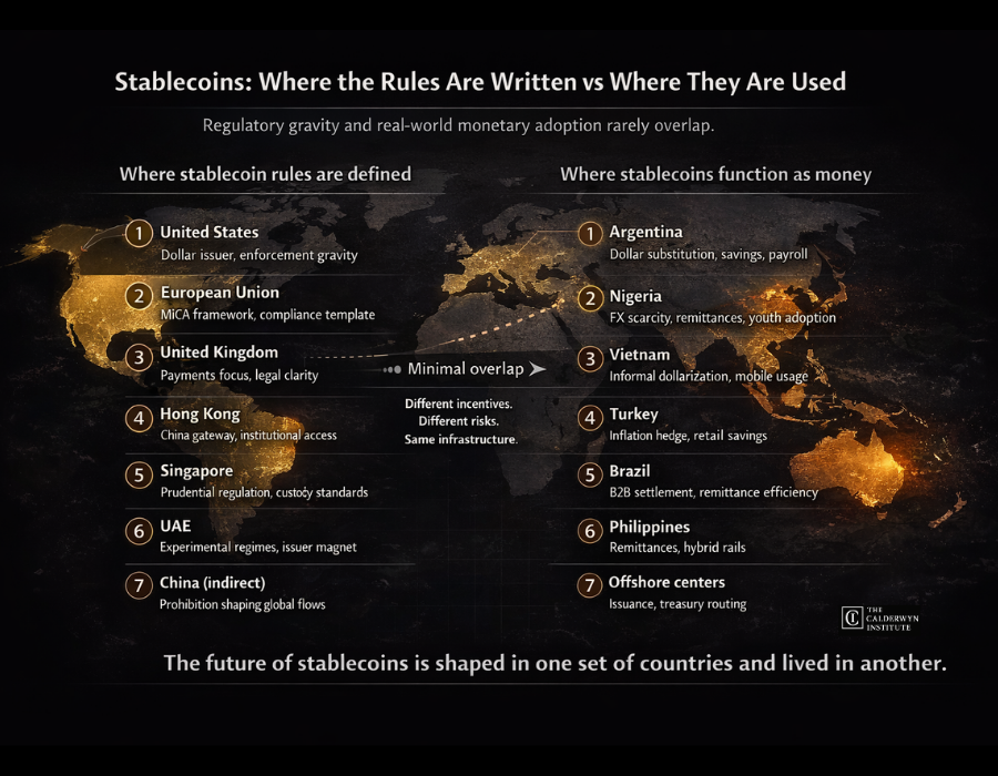 CalderwynInst's tweet image. We mapped the top jurisdictions shaping stablecoins in two ways: where the rules are written, and where they will actually matter as money.
The overlap is smaller than most people think. open.substack.com/pub/thecalderw… $USDC @circle @SECGov @coinbase
