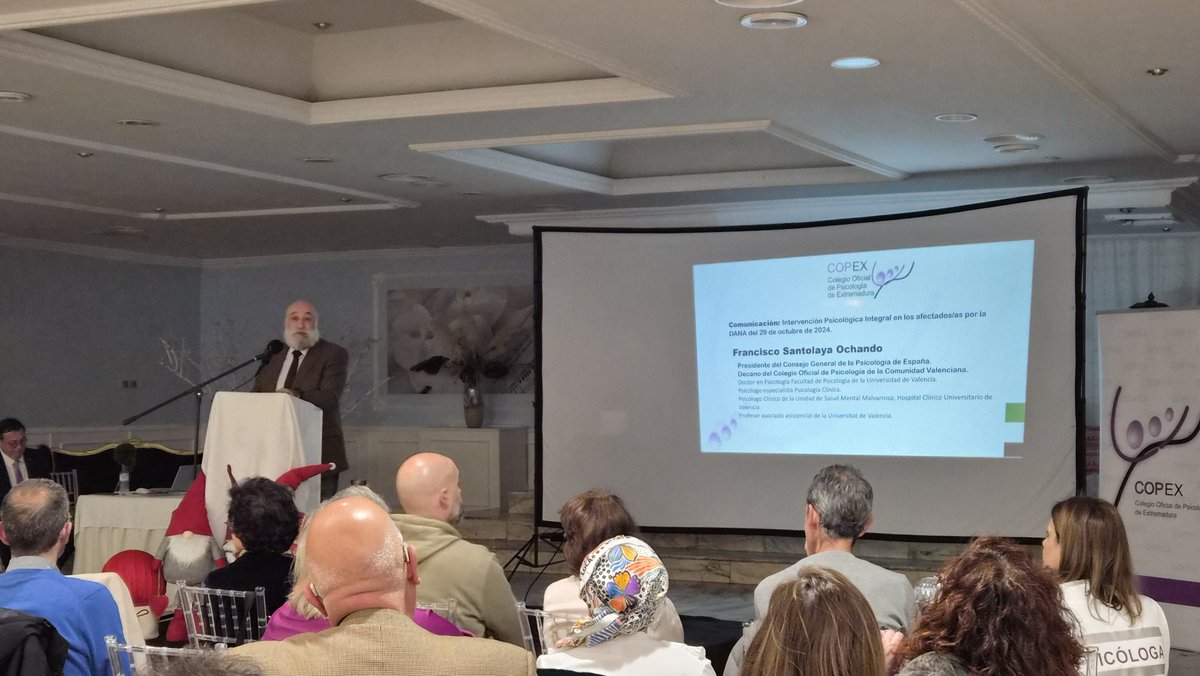 CopExtremadura's tweet image. Turno para la comunicación de Francisco Santolaya, presidente del COP España, acerca de la intervención psicológica integral en los afectados/as por la DANA de octubre del 2024 en Valencia. 

#diapsicologiaextremadura #copex #saludmental