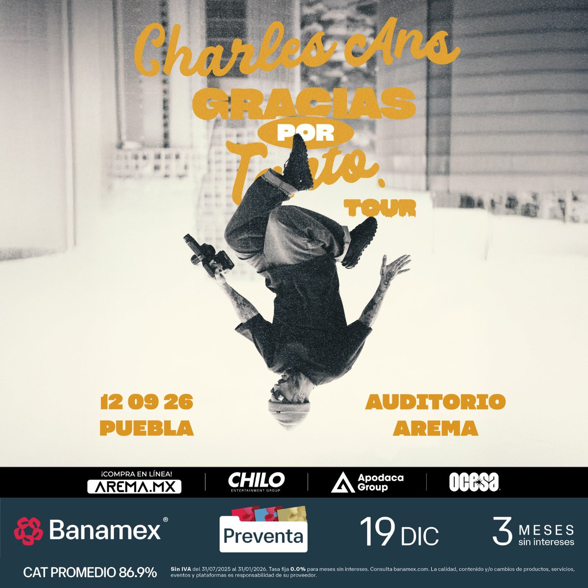 ¿Listos para que "Esta Noche" sea eterna en Puebla? 🔥El "Gracias por Tanto Tour" de .<a href="/charlesans/">Charles Skinny</a>  llegará para ponernos a viajar con su estilo inconfundible. 

📍 Auditorio Arema
🗓 12 de septiembre 
🎫 Preventa: 19 de diciembre
🎫 Venta General: 20 de diciembre
🛒 Arema Ticket