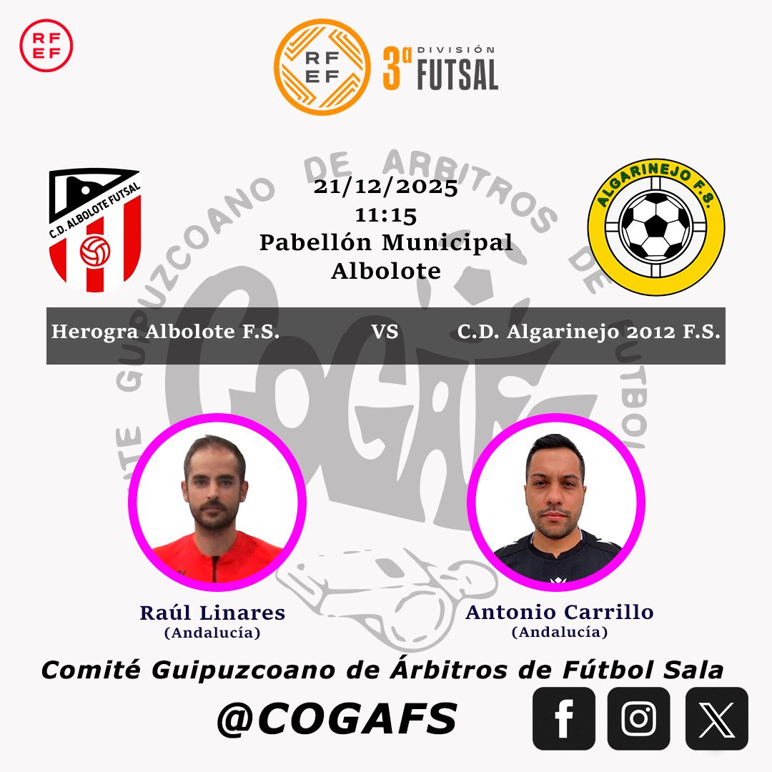 CoGAFS's tweet photo. 📄 Designación | 3ª División  | Grupo 18

👥 Raúl Linares / Antonio Carrillo

@albolote_futsal 🆚 @AlgarinejoFs

#futsal #aretofutbola #futsalreferee #referee #arbitro #arbitra #ctafs #rfef #albolote #quenotelocuenten #cogafs https://t.co/FqD6N1PUlu