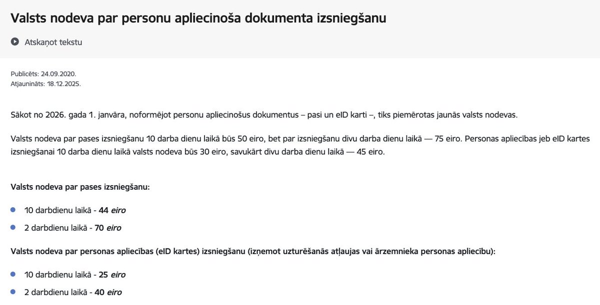Viegli palaist garām, ja neskatās uz MK pirkstiem :) 2024.g. 10. decembrī MK pieņēma grozījumus, ka no 2026.g. 1. janvāra nodeva par pases un ID kartes izdošanu būs noapaļoti 50 un 30 eiro (10 dienu laikā).
2023.g. beigās piekāpās, bet vardi uzvārīja lēnām
pmlp.gov.lv/lv/valsts-node…