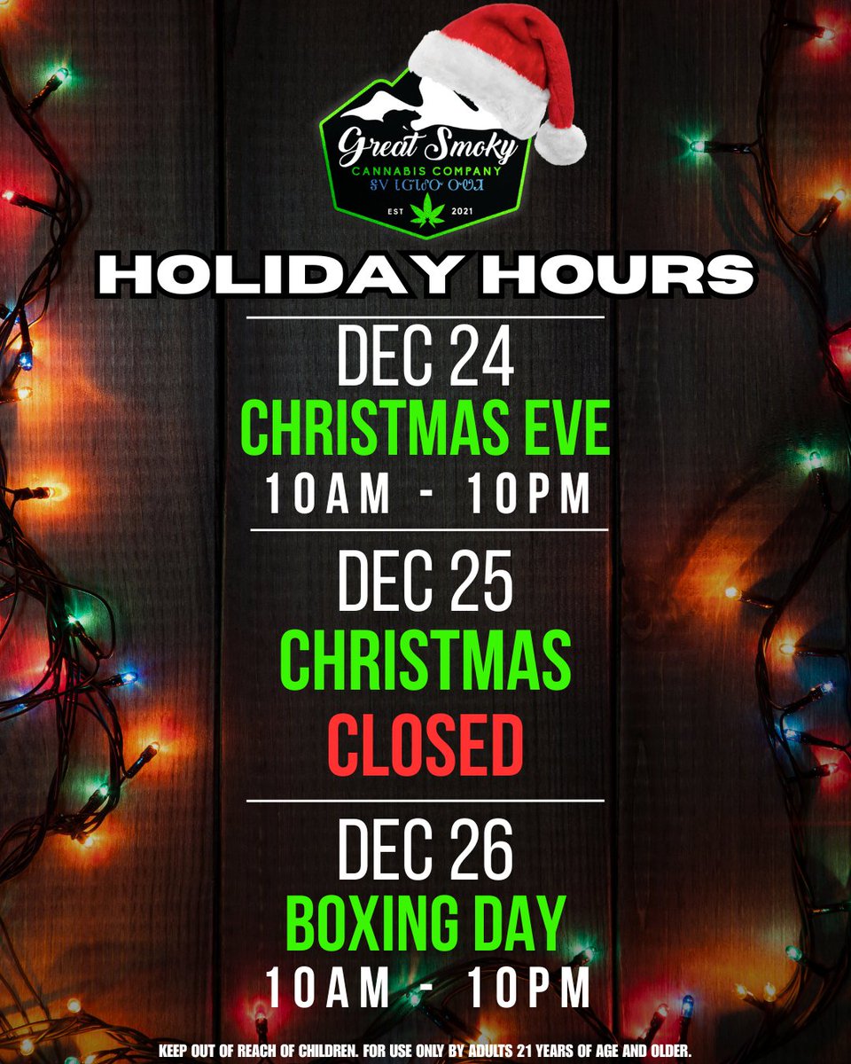greatsmokycanna's tweet image. Planning a stop before the festivities begin? 🎁🎄
See our holiday hours below ⬇️
#GreatSmoky #StayLifted