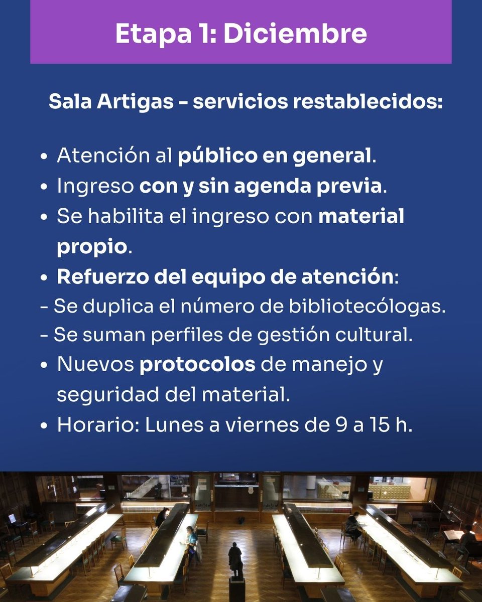 📚La Biblioteca Nacional avanza en el restablecimiento gradual de sus servicios básicos.

Entre diciembre y febrero se amplían los servicios en la Sala Artigas, se reabre la Sala Infantil y Juvenil y se habilita la agenda de visitas educativas.

➡️ Conocé cada etapa.  

➕