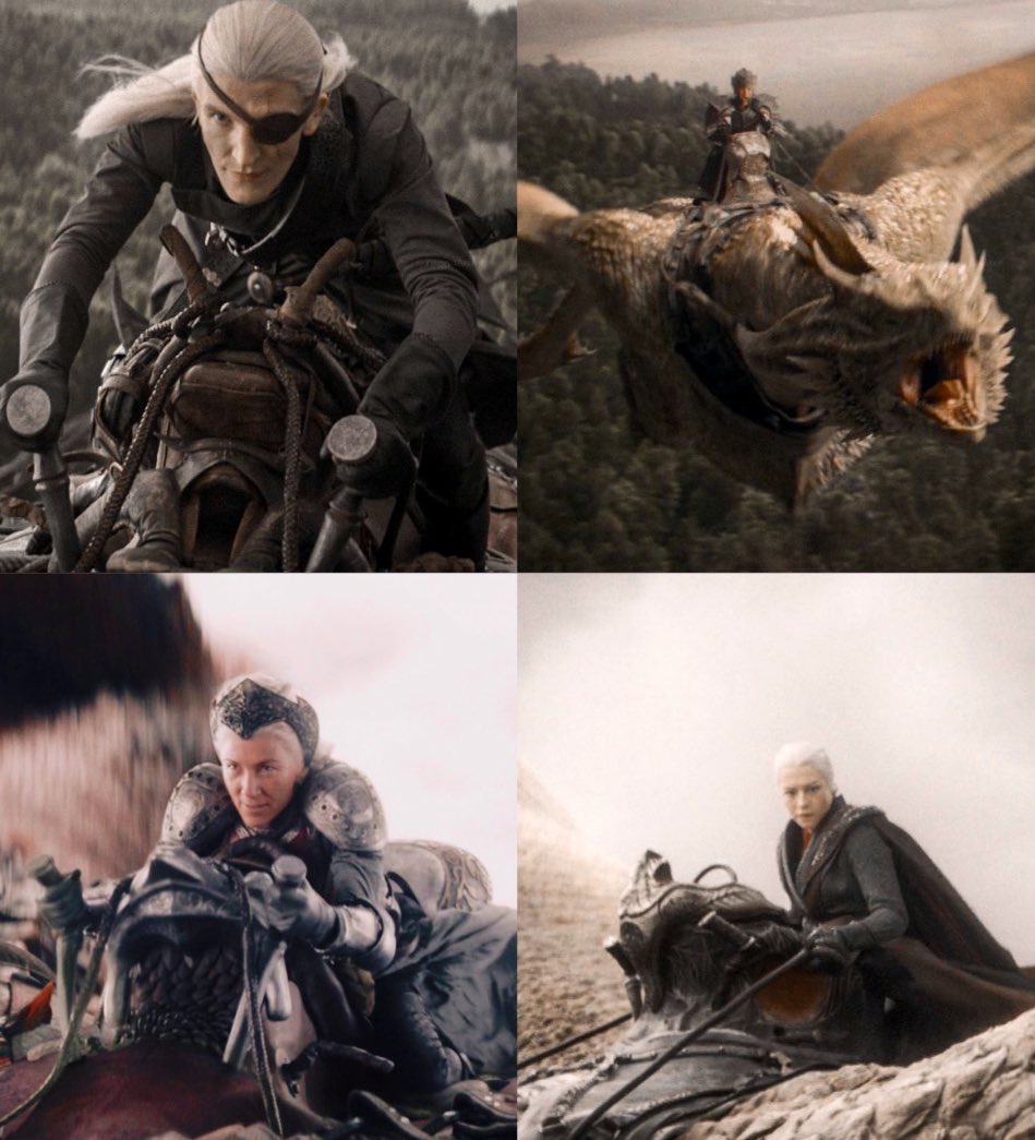 thinktarg's tweet photo. all of the targaryens using a saddle to ride their dragons

meanwhile daenerys: https://t.co/DEvVR1jlWe