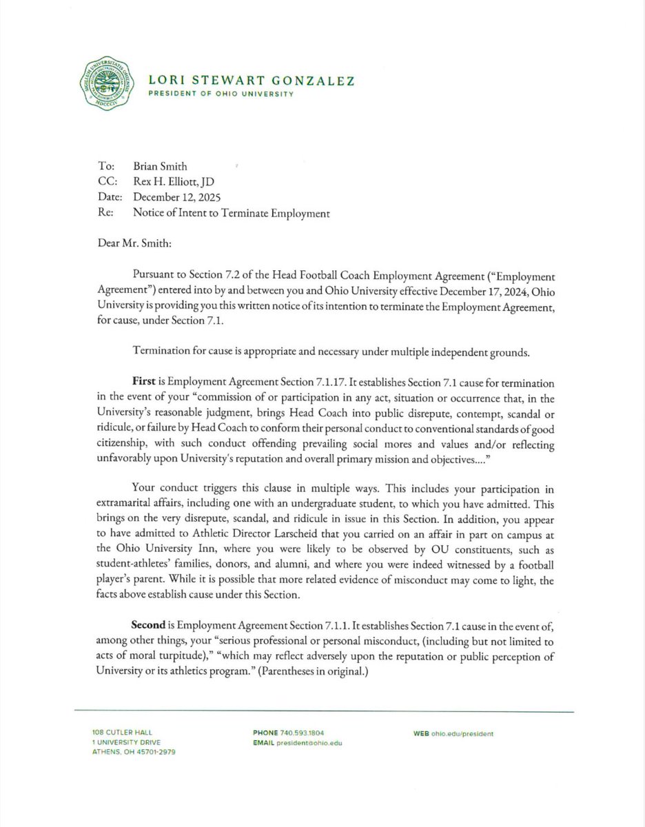 CamRobertsonn's tweet photo. BREAKING: In a file obtained by The Messenger via public records request, former Ohio HC Brian Smith was accused of having an extramarital affair with an undergraduate student.

This is stated in the notice of intent to terminate employment sent on 12/12.

Full document below 👇🏼 https://t.co/xCdTmsdveY