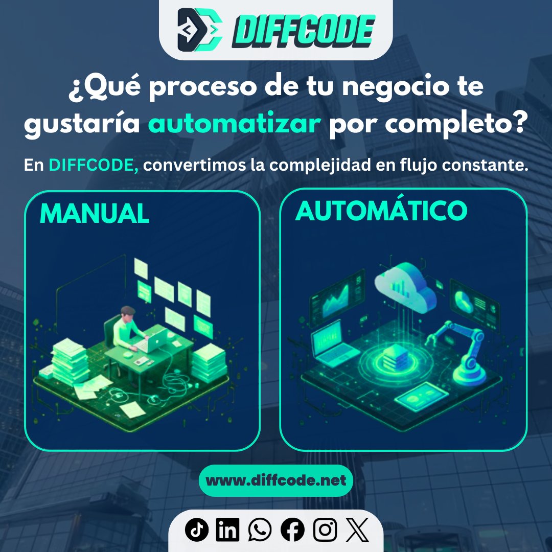 diffcode's tweet image. La innovación es nuestro estándar diario. ⚙✨

Si pudieras automatizar un solo proceso de tu empresa hoy mismo para ahorrar horas de trabajo... ¿cuál sería? 👇

En DIFFCODE lo hacemos realidad. 🚀

🔗 diffcode.net