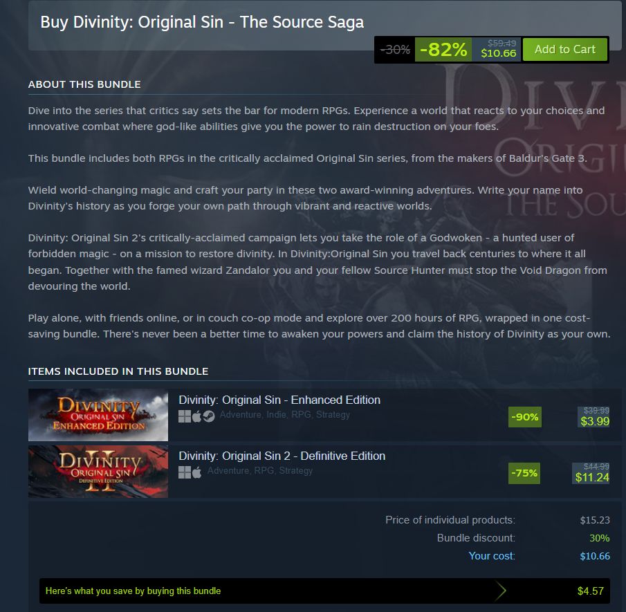 Divinity: Original Sin - The Source Saga is $10.66 on Steam buff.ly/WkmWMp2 

includes Divinity: Original Sin - Enhanced Edition &amp; Divinity: Original Sin 2 - Definitive Edition