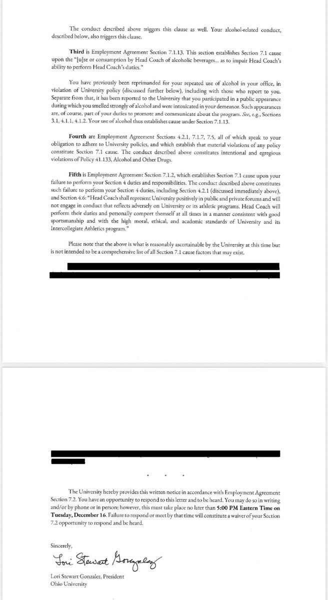 BREAKING: The Post has obtained the letter sent by Ohio President Lori Stewart Gonzalez to former head coach Brian Smith and his attorney. In it, she claims that Smith had extramarital affairs, one with an undergraduate student at Ohio. 

Story to follow.