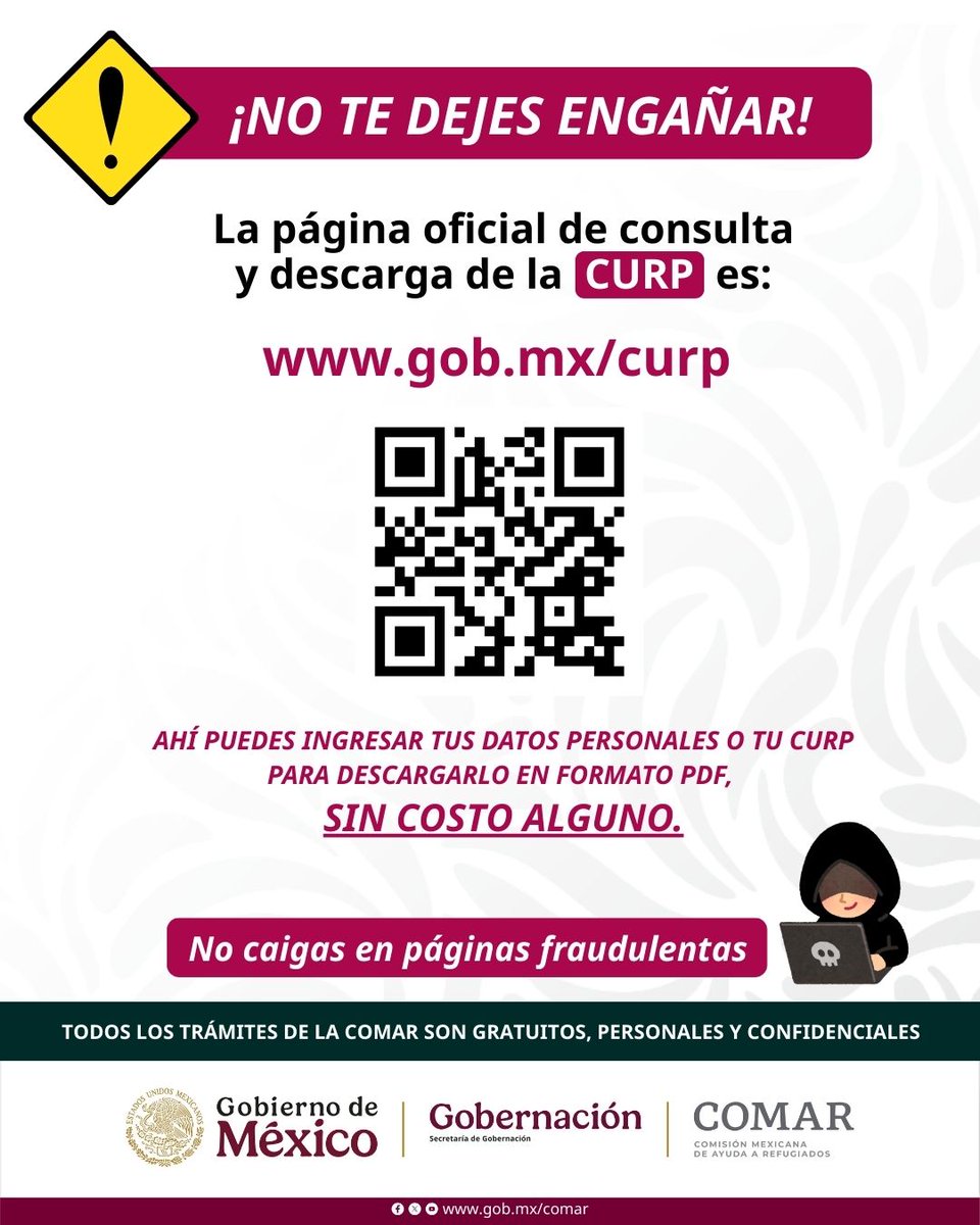 comar_sg's tweet image. 🧐No caigas en páginas fraudulentas, la página oficial de consulta y descarga #GRATUITA de #CURP es gob.mx/curp