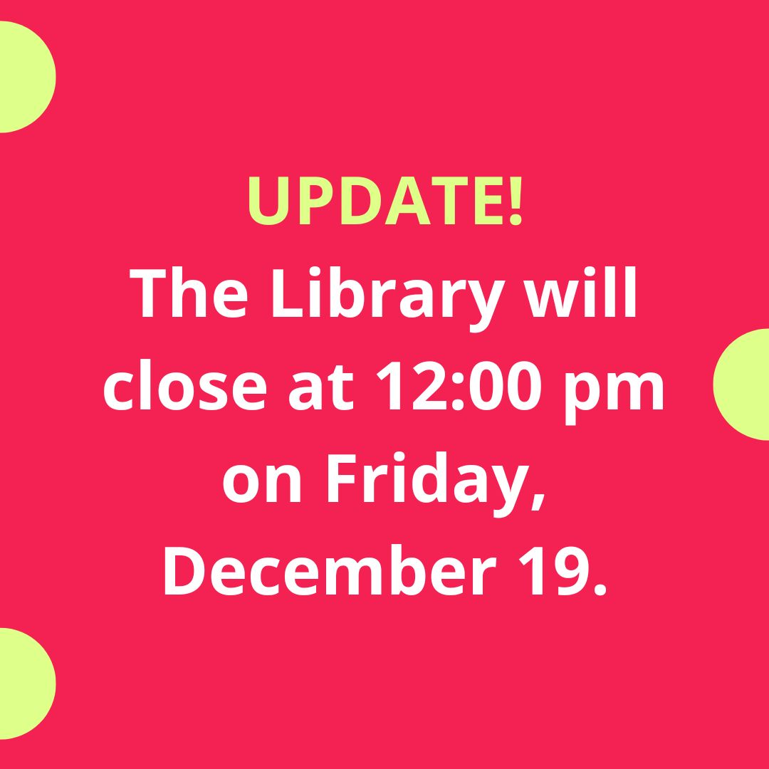 LoyalistLibrary's tweet image. An important update for our students and colleagues - the Library will close at 12:00 pm on Friday, December 19. Need something to read over the break? Drop in and see us before noon - or borrow an eBook from LoyalistLibrary.com any time!