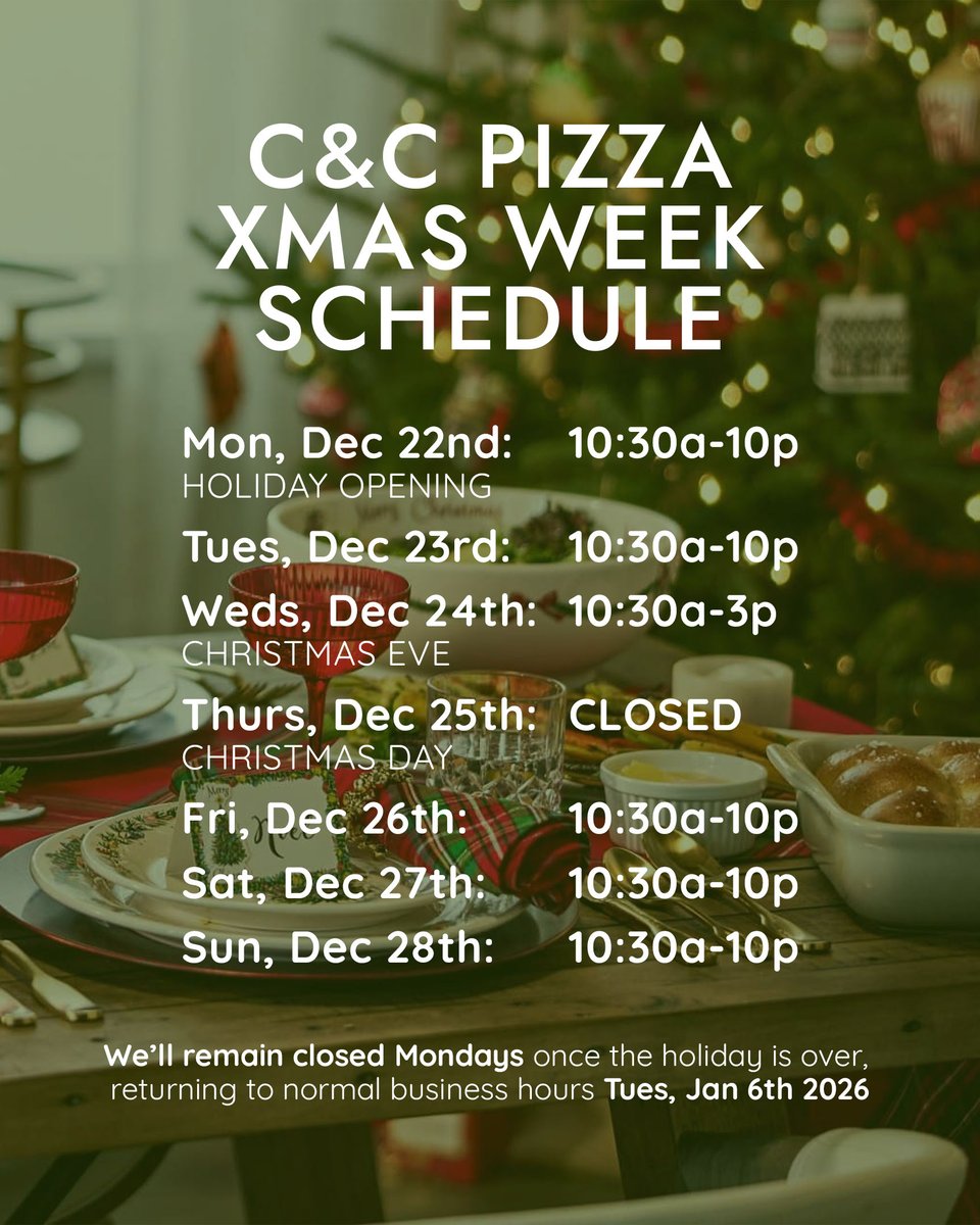 candcpizza91's tweet photo. The countdown to the weekend is on! 🎊 C&amp;C Pizza is here to satisfy your cravings, even this coming Monday the 22nd! Swing by for some festive fun before we close on Christmas day 🍕✨ #FestiveSeason #PizzaLovers #HolidayCheer https://t.co/mkyoB1qjR6
